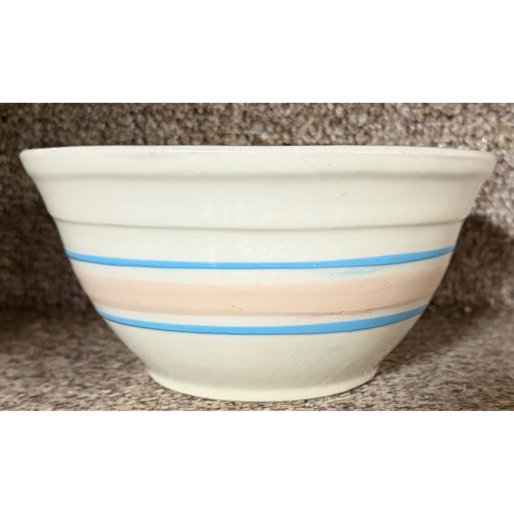 Vintage Oven Ware 8 USA Stoneware Mixing Bowl Cream Blue Pink Stripes 8 Inch